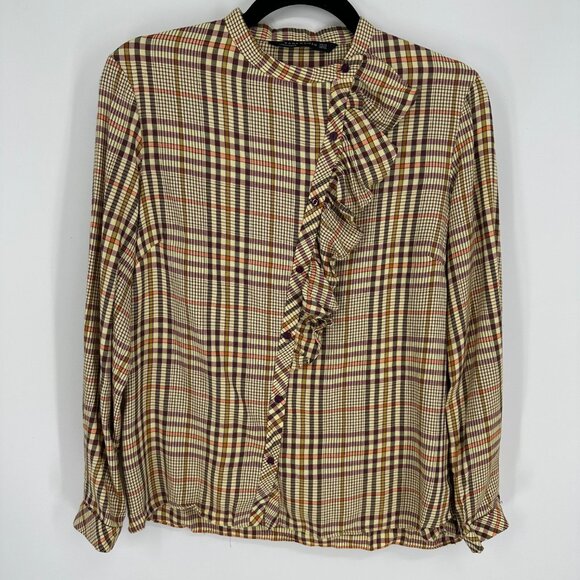 Zara Plaid Button Down Shirt Ruffle Trim Asymmetric Long Sleeve Collarless Brown - Picture 1 of 7